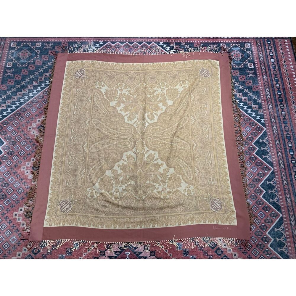 Christian Dior Square Wool Stole Tassel Scarf Tan and Pink